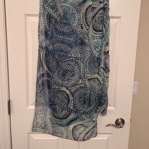 Scarf Teal, Blue, Cream Medallion Pointallist Design - Polyester 20"x72"